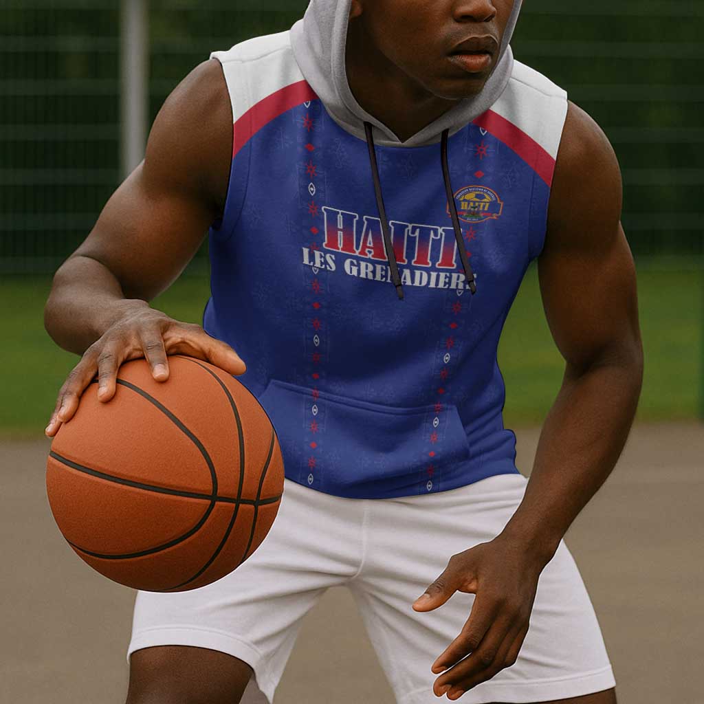 Custom Afro-Haitians Football Pride Sleeveless Hoodie Les Grenadiers Veve Vodou Blue Version - African Pride