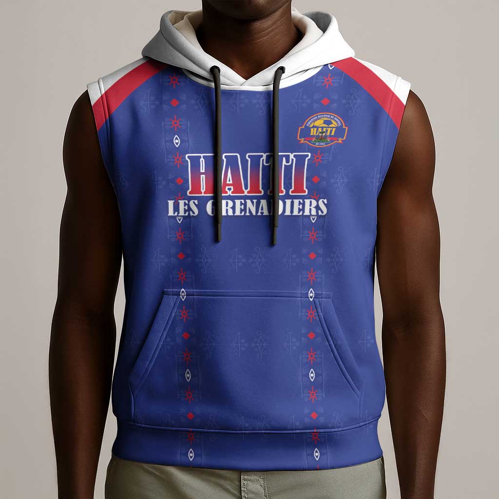 Custom Afro-Haitians Football Pride Sleeveless Hoodie Les Grenadiers Veve Vodou Blue Version - African Pride