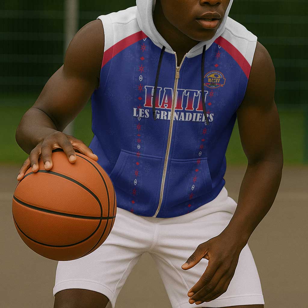 Custom Afro-Haitians Football Pride Sleeveless Zip Hoodie Les Grenadiers Veve Vodou Blue Version - African Pride