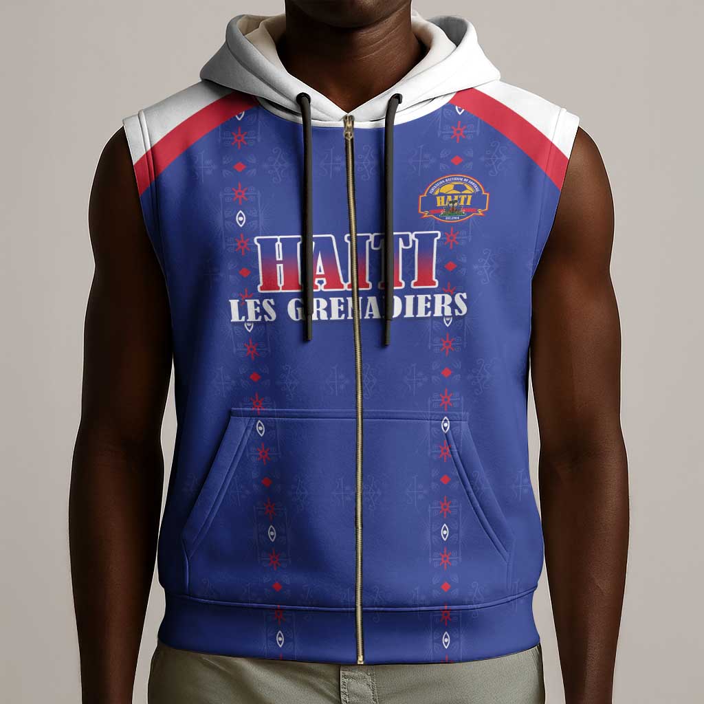 Custom Afro-Haitians Football Pride Sleeveless Zip Hoodie Les Grenadiers Veve Vodou Blue Version - African Pride