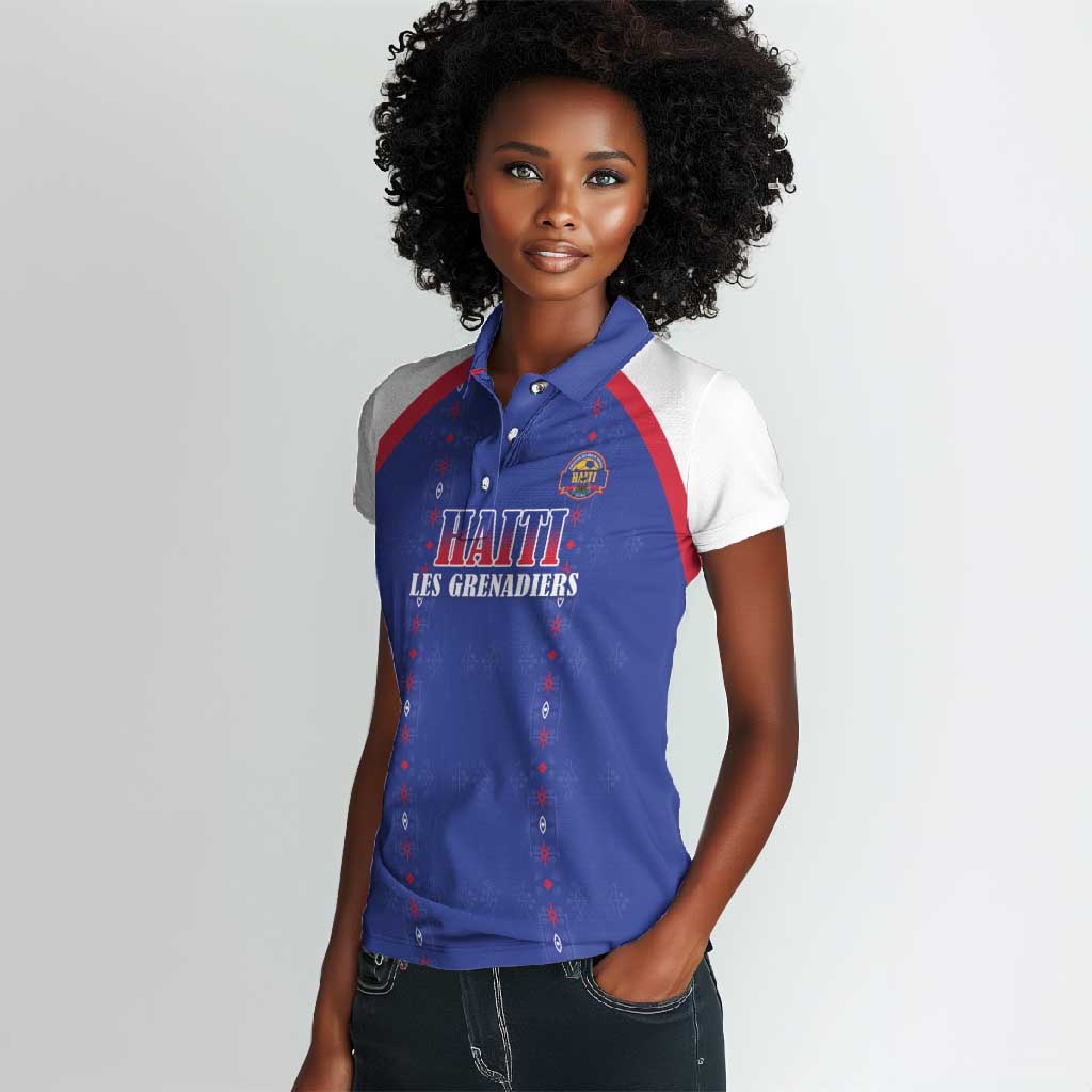 Custom Afro-Haitians Football Pride Women Polo Shirt Les Grenadiers Veve Vodou Blue Version - African Pride