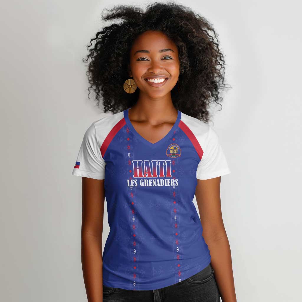 Custom Afro-Haitians Football Pride Women V-Neck T-Shirt Les Grenadiers Veve Vodou Blue Version - African Pride