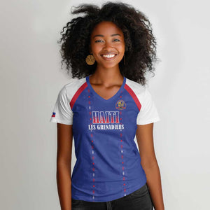 Custom Afro-Haitians Football Pride Women V-Neck T-Shirt Les Grenadiers Veve Vodou Blue Version - African Pride