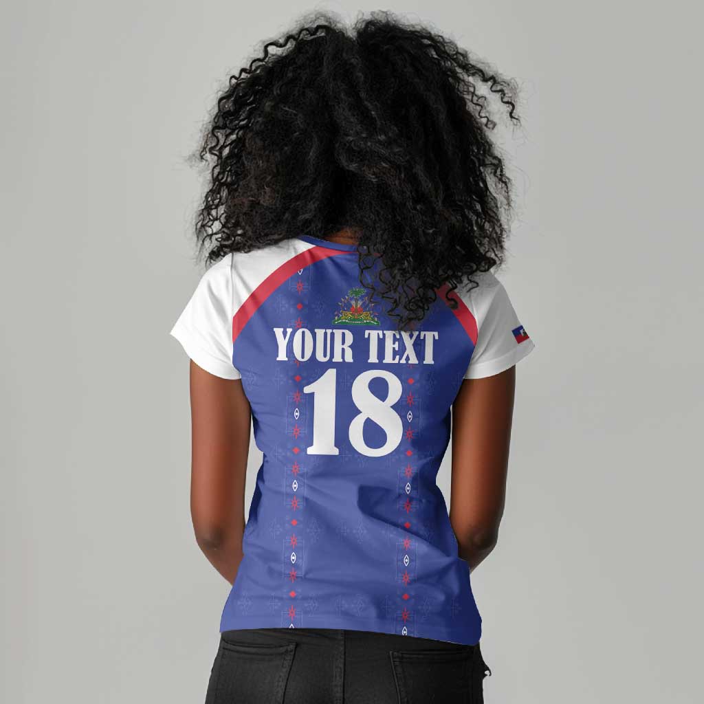 Custom Afro-Haitians Football Pride Women V-Neck T-Shirt Les Grenadiers Veve Vodou Blue Version - African Pride