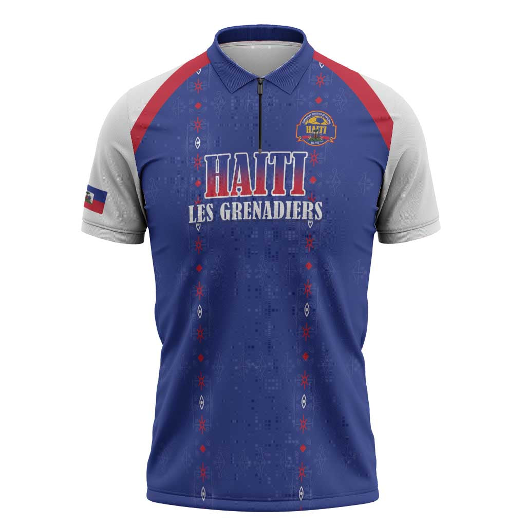 Custom Afro-Haitians Football Pride Zipper Polo Shirt Les Grenadiers Veve Vodou Blue Version