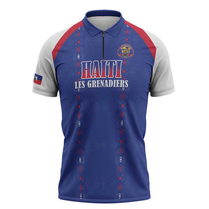 Custom Afro-Haitians Football Pride Zipper Polo Shirt Les Grenadiers Veve Vodou Blue Version