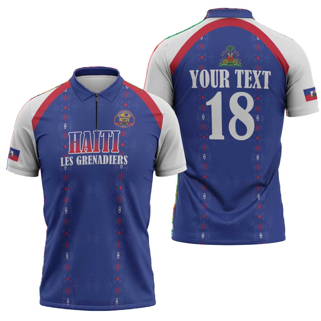 Custom Afro-Haitians Football Pride Zipper Polo Shirt Les Grenadiers Veve Vodou Blue Version