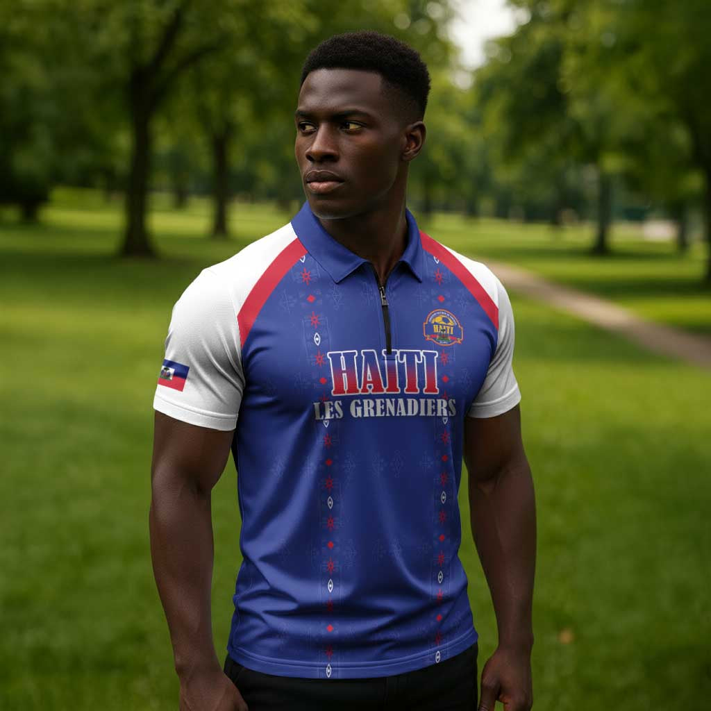 Custom Afro-Haitians Football Pride Zipper Polo Shirt Les Grenadiers Veve Vodou Blue Version