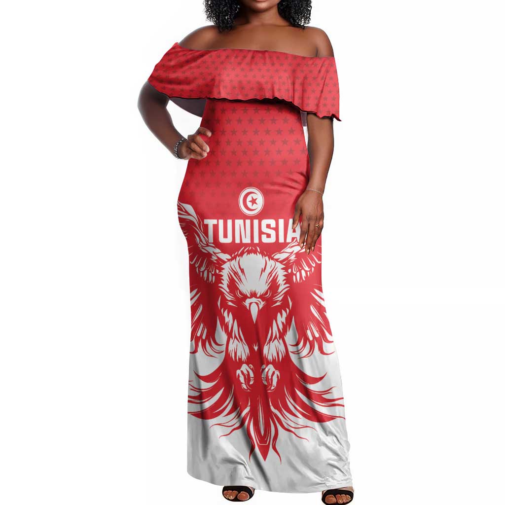Custom Tunisia Football Off Shoulder Maxi Dress Eagles of Carthage Spirit - African Pride