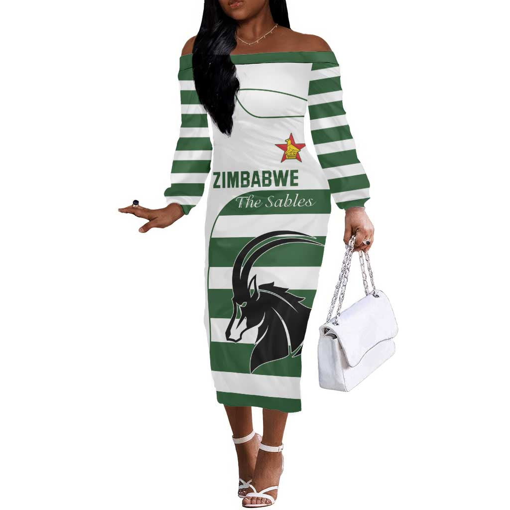 Custom Zimbabwe Sables Rugby Off The Shoulder Long Sleeve Dress Go Champion - African Pride