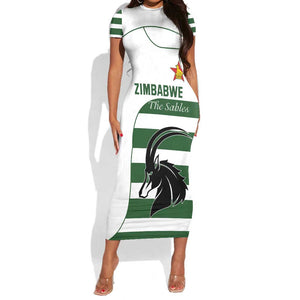 Custom Zimbabwe Sables Rugby Short Sleeve Bodycon Dress Go Champion - African Pride