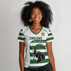 Custom Zimbabwe Sables Rugby Women V-Neck T-Shirt Go Champion - African Pride