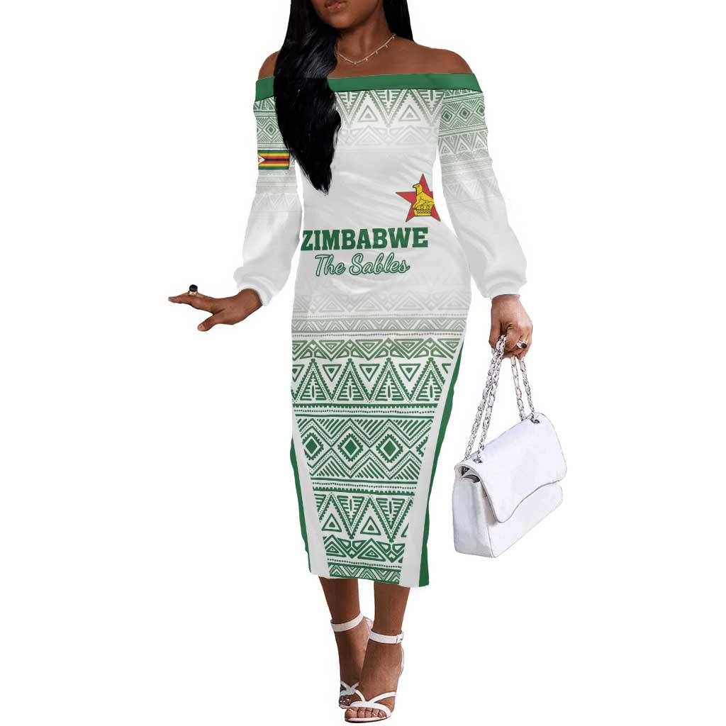 Custom Zimbabwe Sables Rugby Off The Shoulder Long Sleeve Dress African Patterns - African Pride