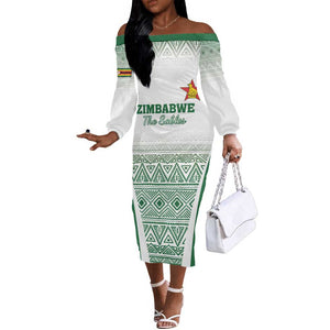 Custom Zimbabwe Sables Rugby Off The Shoulder Long Sleeve Dress African Patterns - African Pride