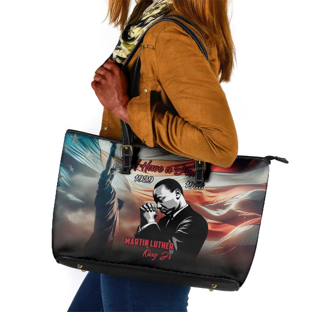 Happy MLK Day Leather Tote Bag Black Americans Leaders I Have a Dream