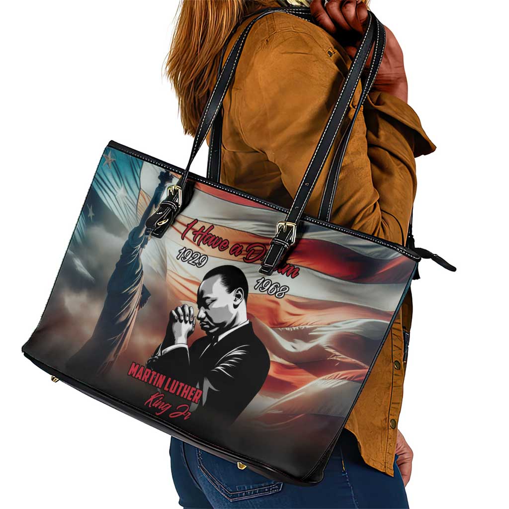 Happy MLK Day Leather Tote Bag Black Americans Leaders I Have a Dream