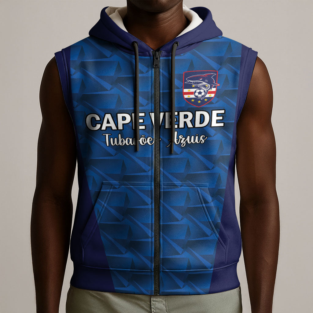 Custom Cape Verde Football 2026 Sleeveless Zip Hoodie Atlantic Blue Sharks Heritage