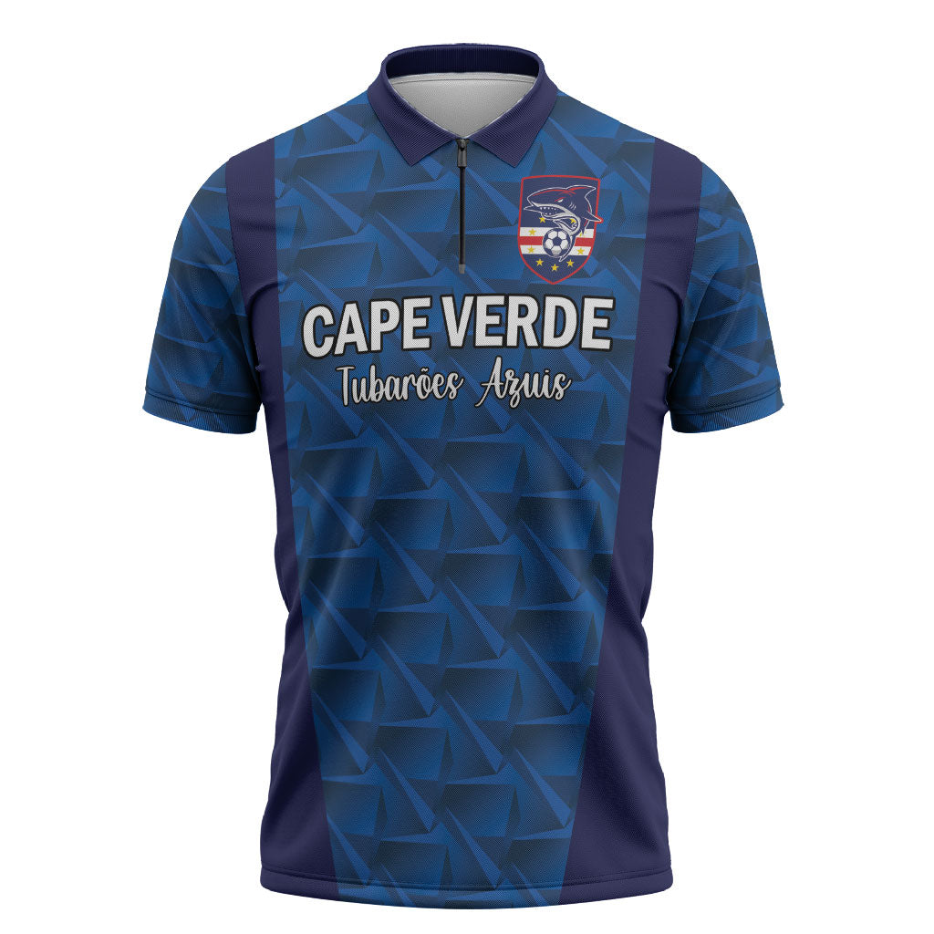 Custom Cape Verde Football 2026 Zipper Polo Shirt Atlantic Blue Sharks Heritage