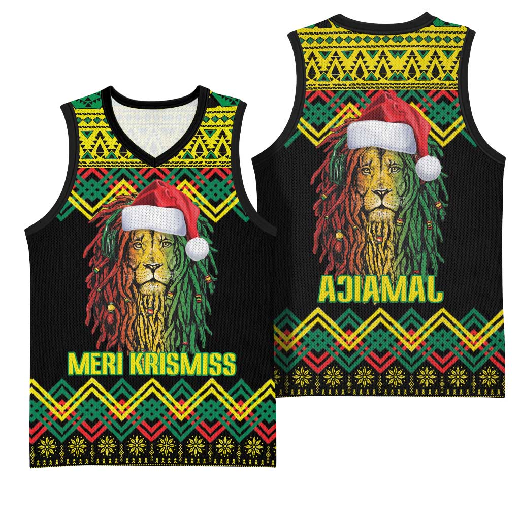 Black Jamaican Christmas Basketball Jersey Reggae Lion With Kente Pattern - African Pride