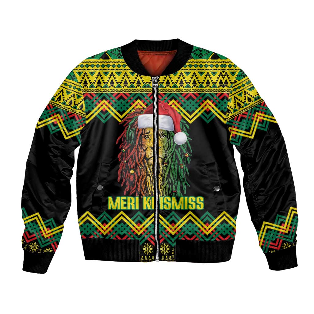 Black Jamaican Christmas Bomber Jacket Reggae Lion With Kente Pattern