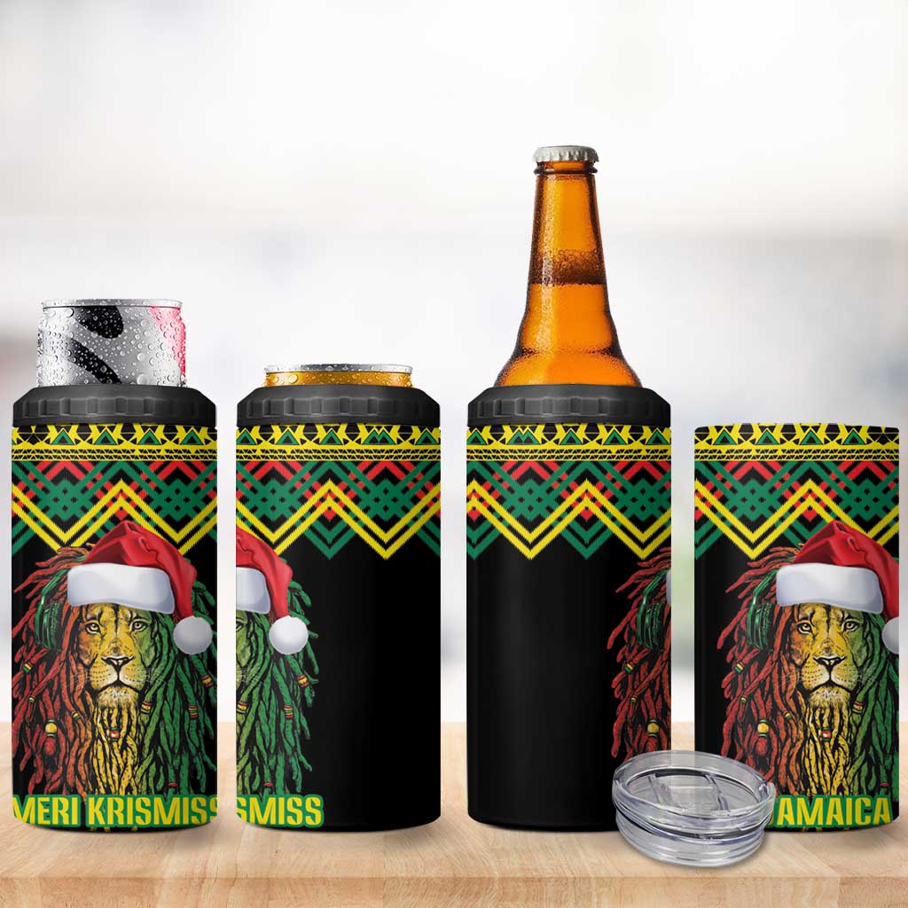 Black Jamaican Christmas 4 in 1 Can Cooler Tumbler Reggae Lion With Kente Pattern