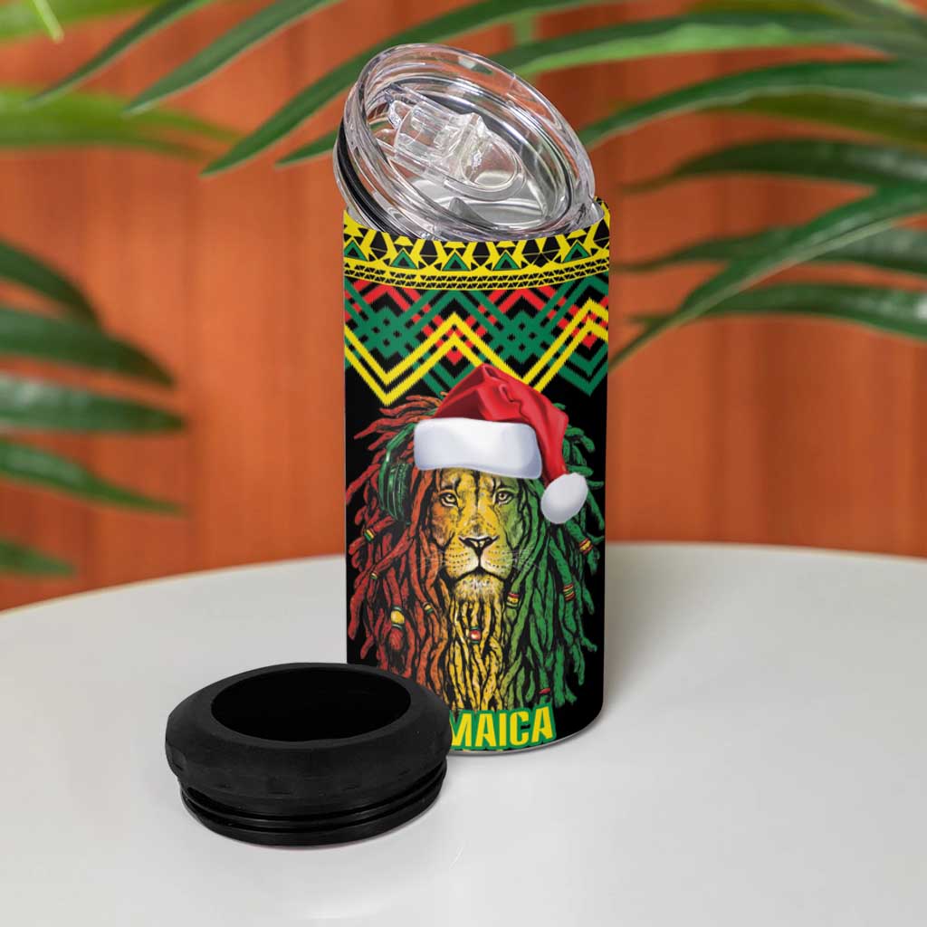 Black Jamaican Christmas 4 in 1 Can Cooler Tumbler Reggae Lion With Kente Pattern