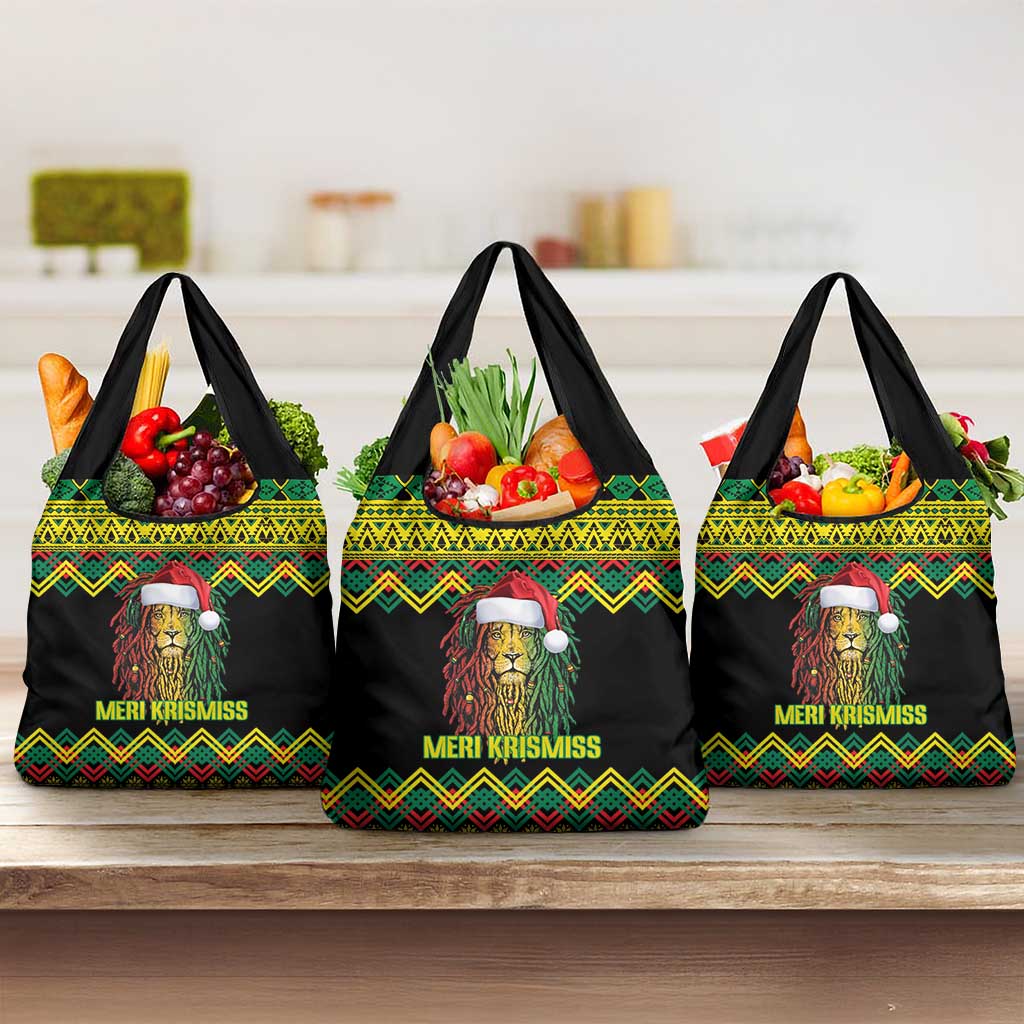 Black Jamaican Christmas Grocery Bag Reggae Lion With Kente Pattern