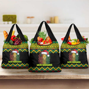 Black Jamaican Christmas Grocery Bag Reggae Lion With Kente Pattern