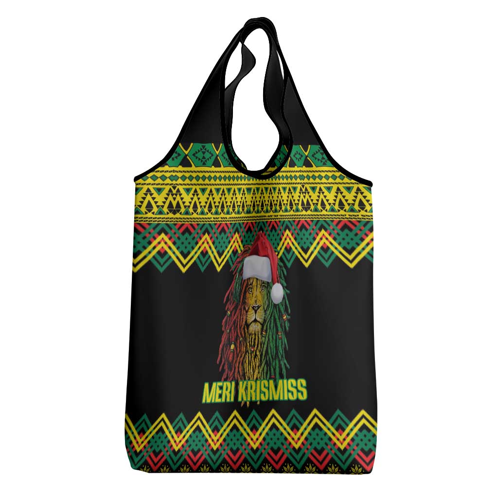 Black Jamaican Christmas Grocery Bag Reggae Lion With Kente Pattern