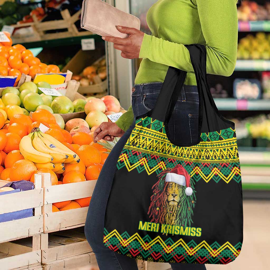Black Jamaican Christmas Grocery Bag Reggae Lion With Kente Pattern