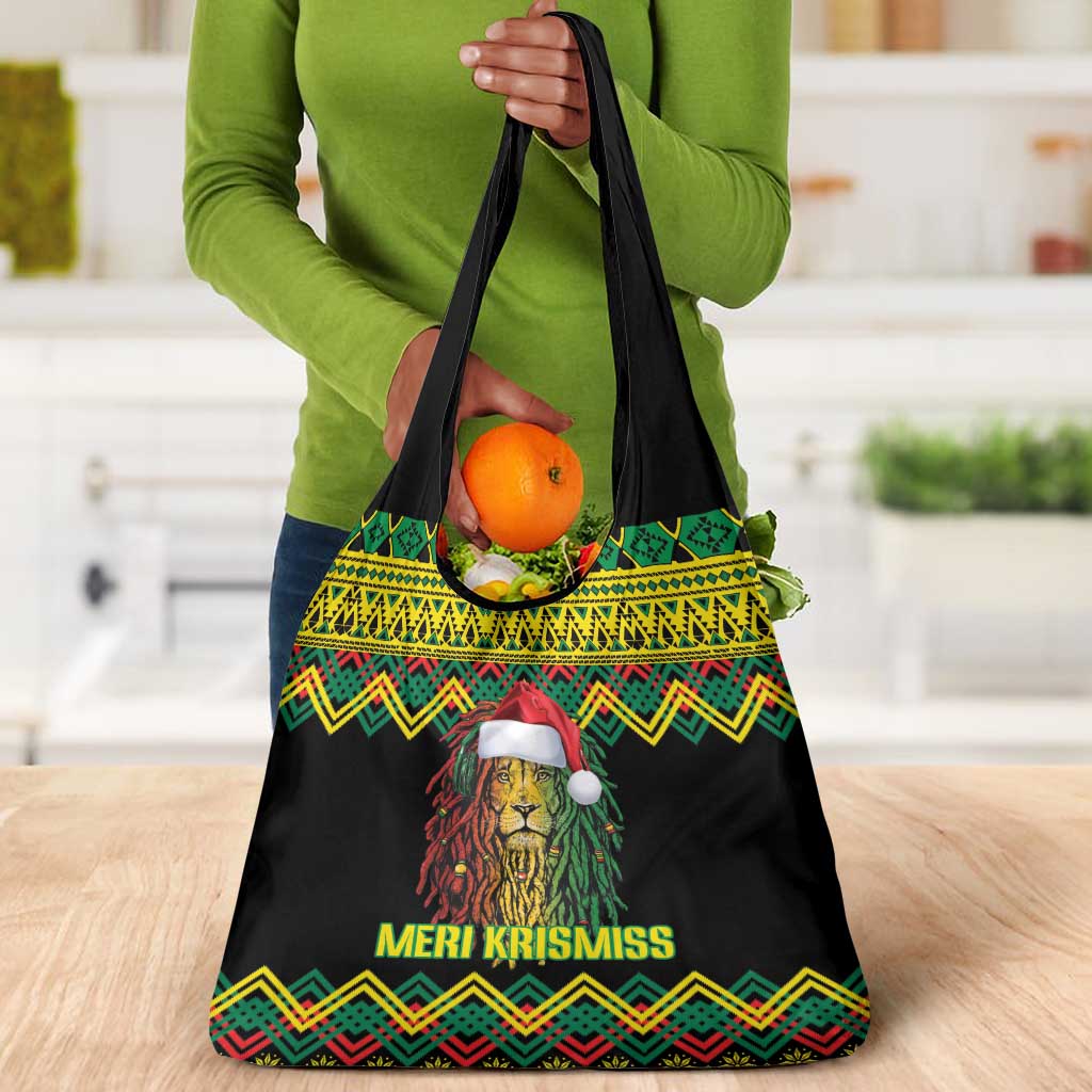 Black Jamaican Christmas Grocery Bag Reggae Lion With Kente Pattern