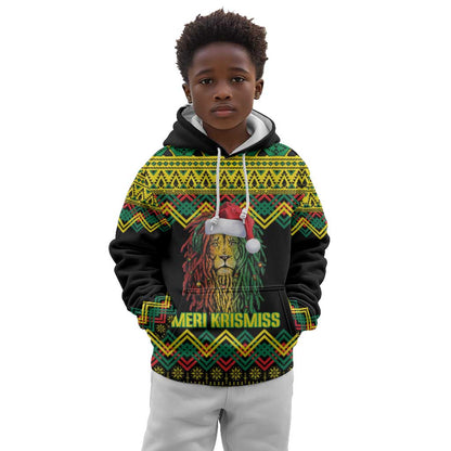 Black Jamaican Christmas Kid Hoodie Reggae Lion With Kente Pattern