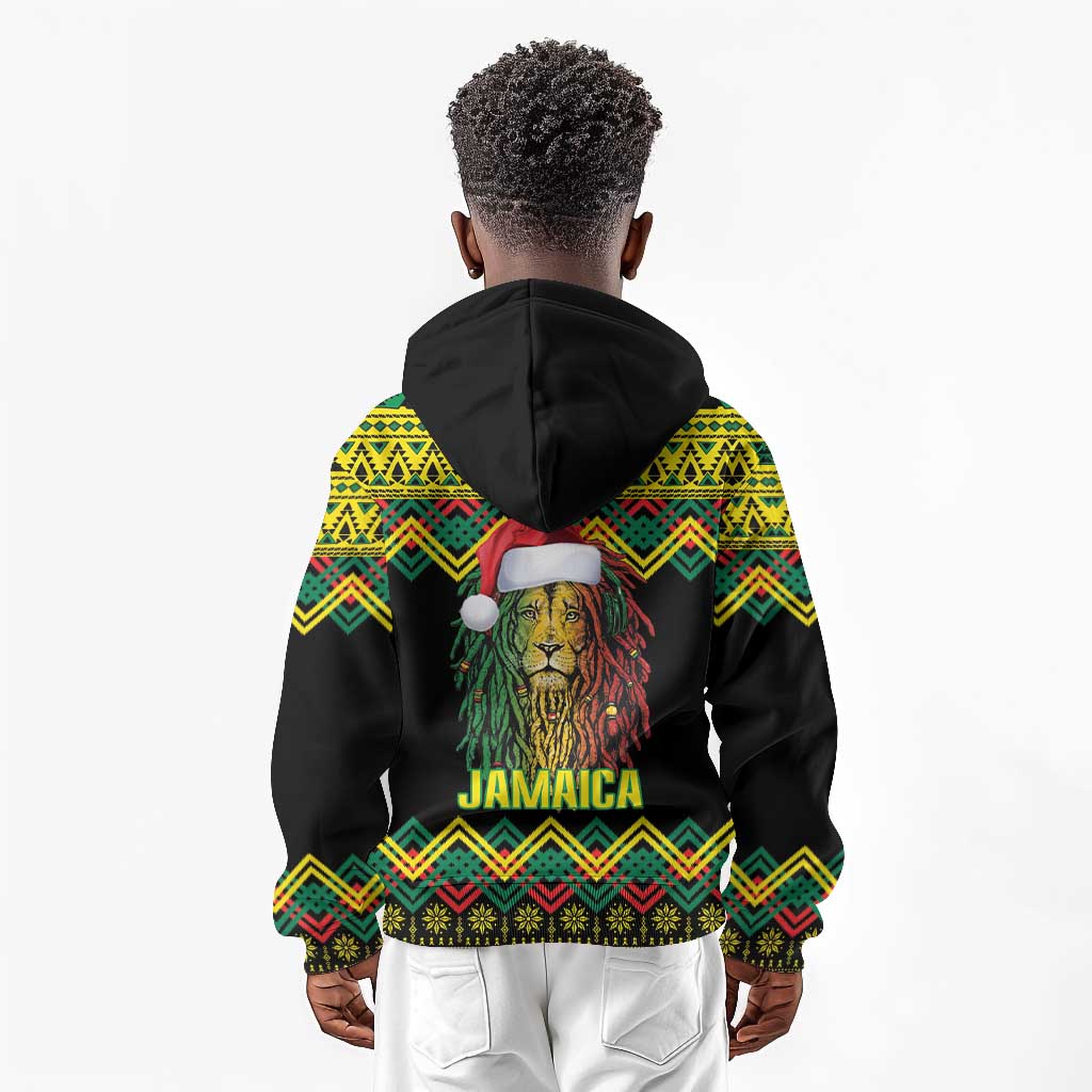 Black Jamaican Christmas Kid Hoodie Reggae Lion With Kente Pattern