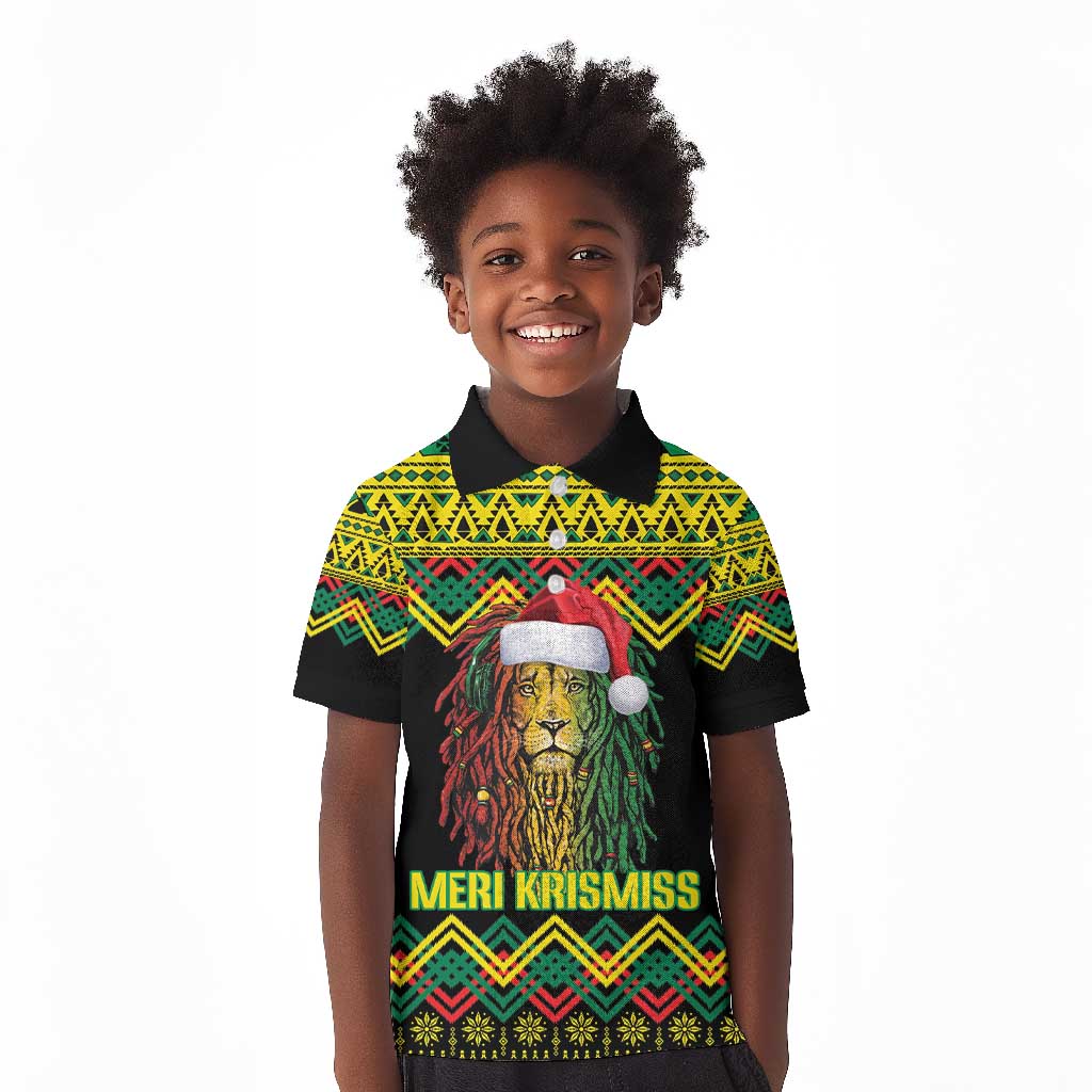 Black Jamaican Christmas Kid Polo Shirt Reggae Lion With Kente Pattern