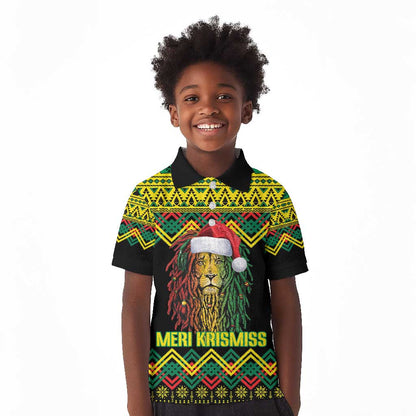 Black Jamaican Christmas Kid Polo Shirt Reggae Lion With Kente Pattern