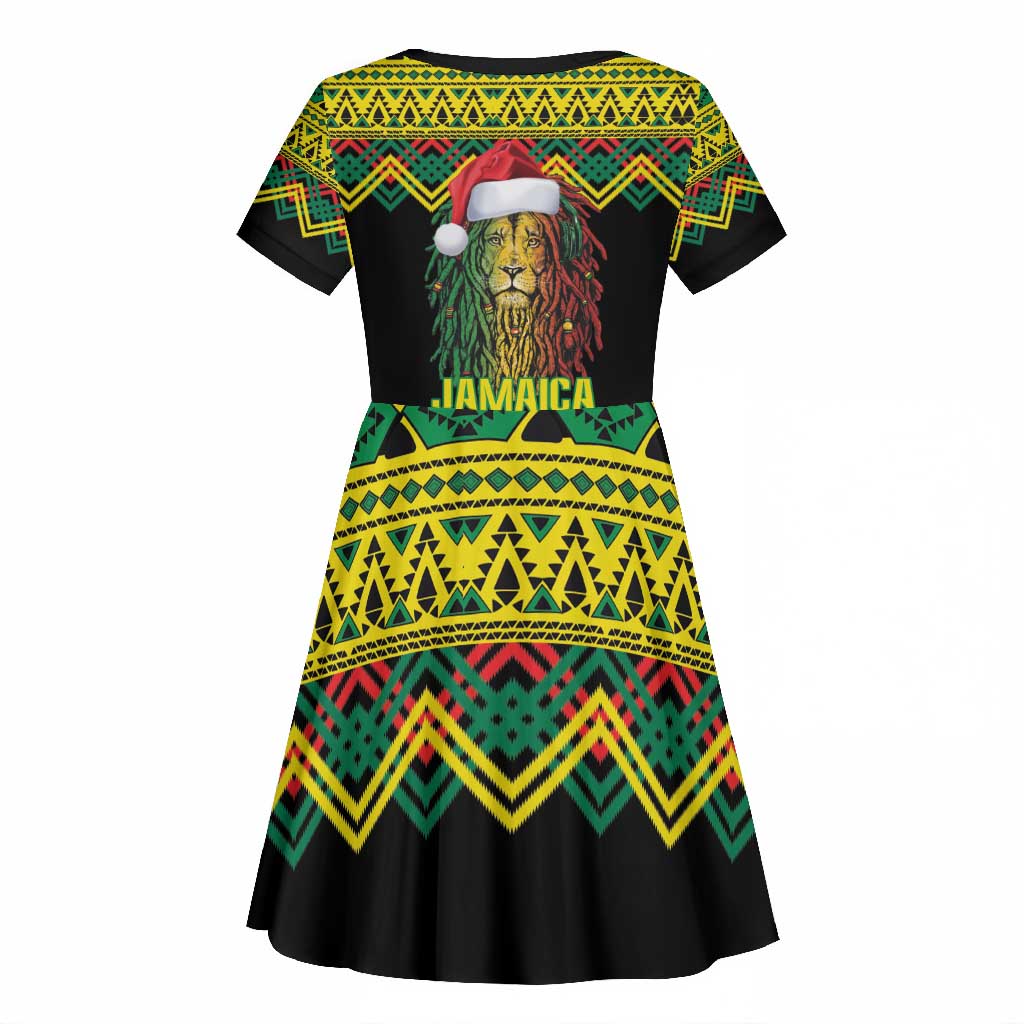 Black Jamaican Christmas Kid Short Sleeve Dress Reggae Lion With Kente Pattern