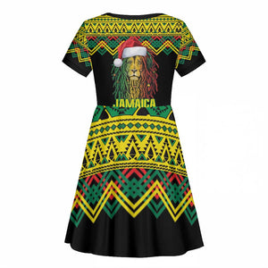 Black Jamaican Christmas Kid Short Sleeve Dress Reggae Lion With Kente Pattern