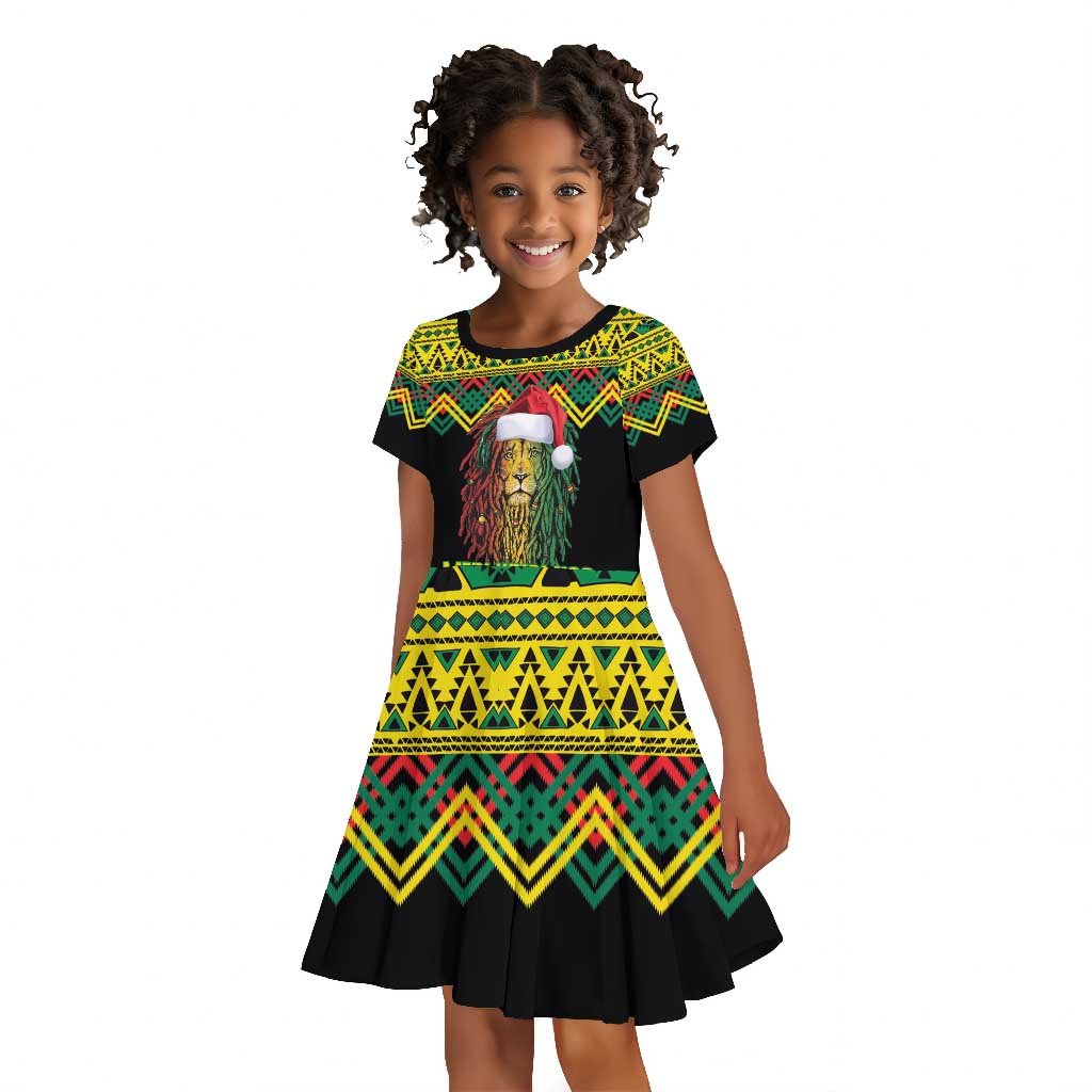 Black Jamaican Christmas Kid Short Sleeve Dress Reggae Lion With Kente Pattern