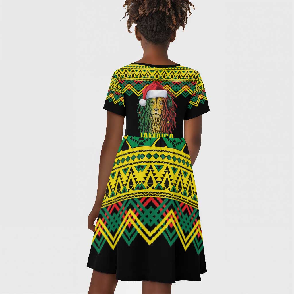 Black Jamaican Christmas Kid Short Sleeve Dress Reggae Lion With Kente Pattern