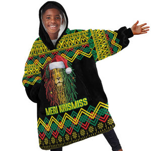 Black Jamaican Christmas Kid Wearable Blanket Hoodie Reggae Lion With Kente Pattern