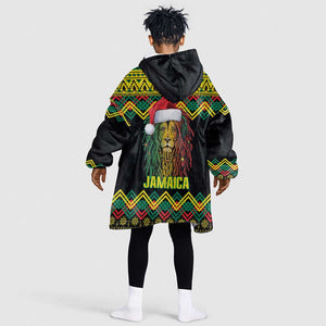 Black Jamaican Christmas Kid Wearable Blanket Hoodie Reggae Lion With Kente Pattern