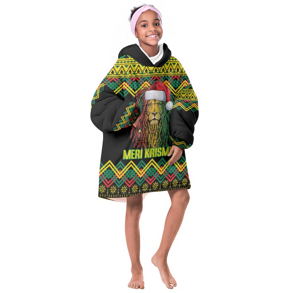 Black Jamaican Christmas Kid Wearable Blanket Hoodie Reggae Lion With Kente Pattern