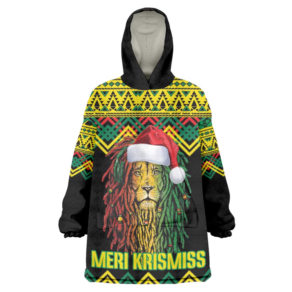 Black Jamaican Christmas Kid Wearable Blanket Hoodie Reggae Lion With Kente Pattern