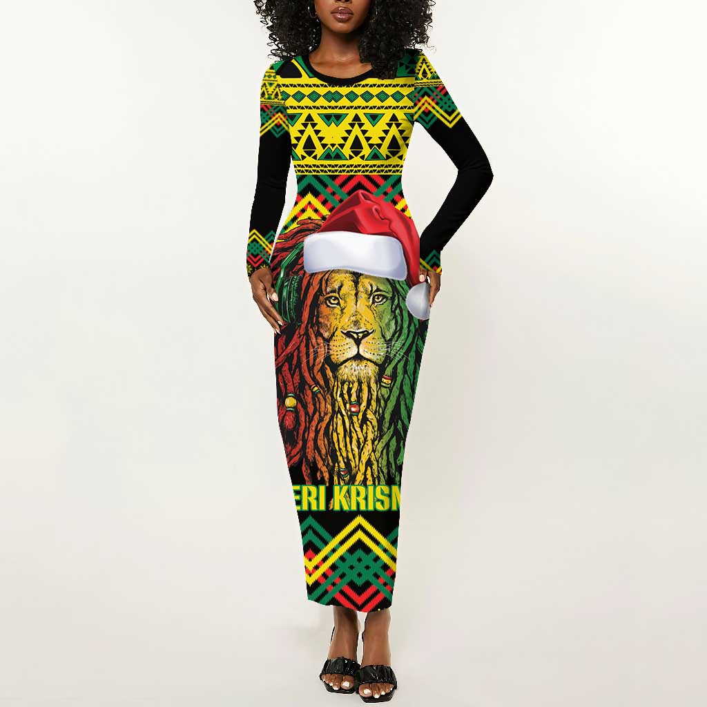 Black Jamaican Christmas Long Sleeve Bodycon Dress Reggae Lion With Kente Pattern LT18