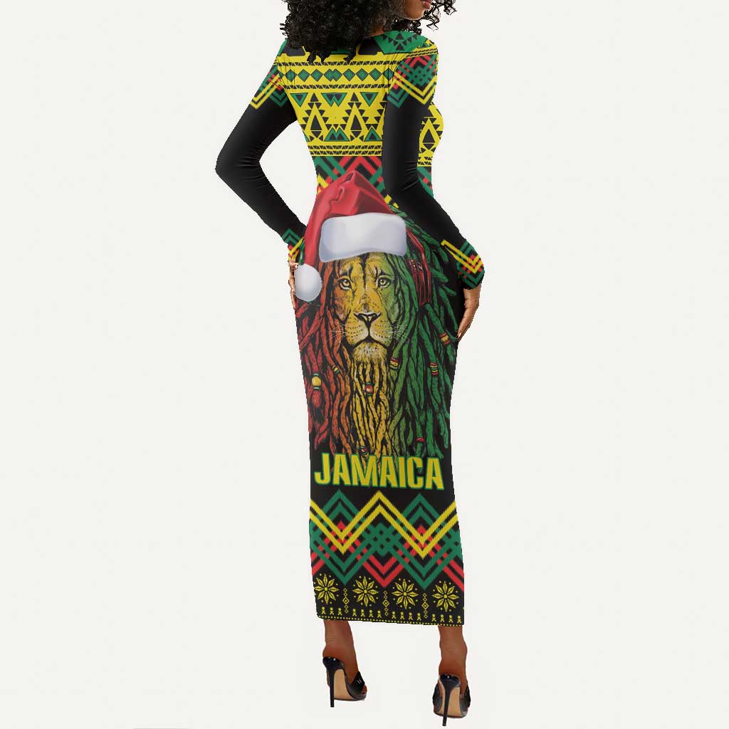 Black Jamaican Christmas Long Sleeve Bodycon Dress Reggae Lion With Kente Pattern LT18