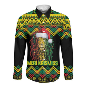 Black Jamaican Christmas Long Sleeve Button Shirt Reggae Lion With Kente Pattern