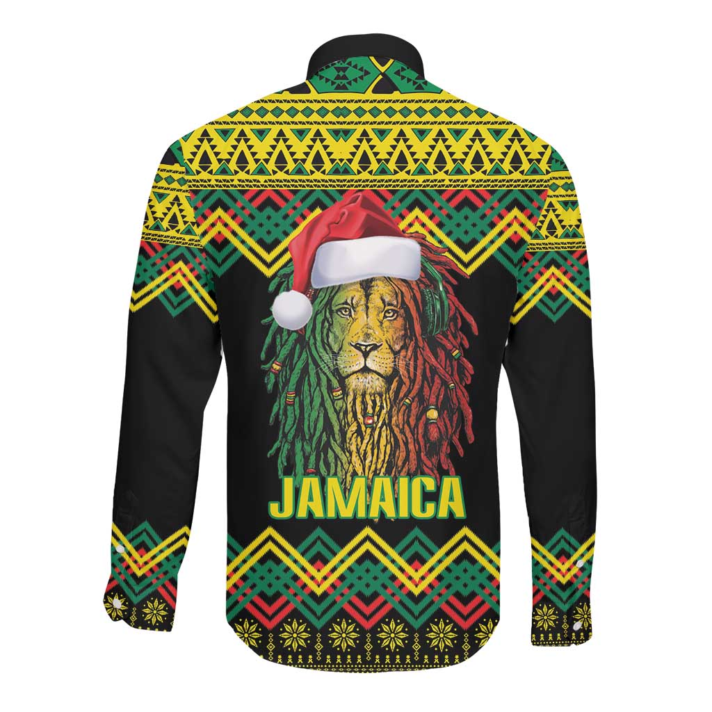 Black Jamaican Christmas Long Sleeve Button Shirt Reggae Lion With Kente Pattern