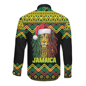 Black Jamaican Christmas Long Sleeve Button Shirt Reggae Lion With Kente Pattern