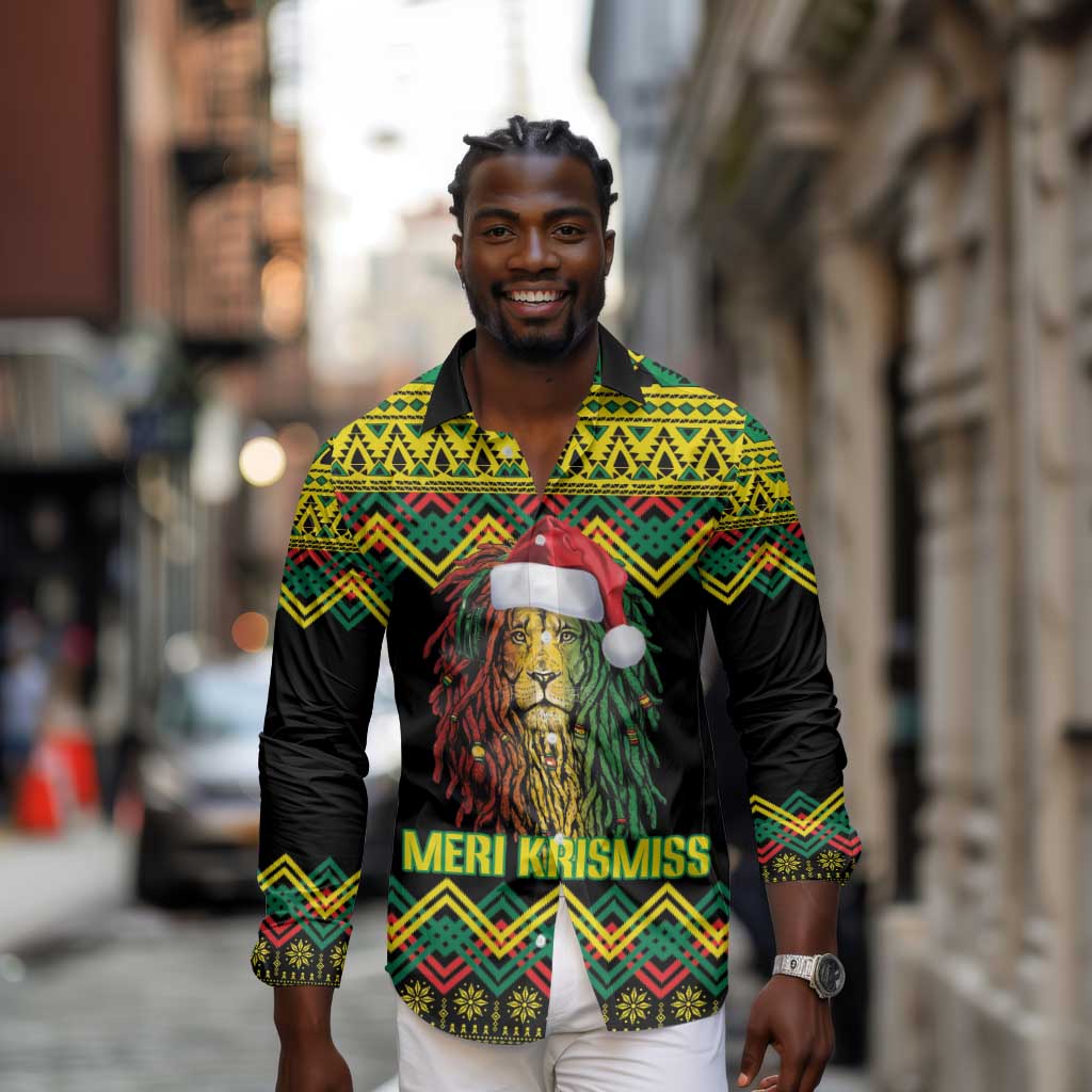 Black Jamaican Christmas Long Sleeve Button Shirt Reggae Lion With Kente Pattern