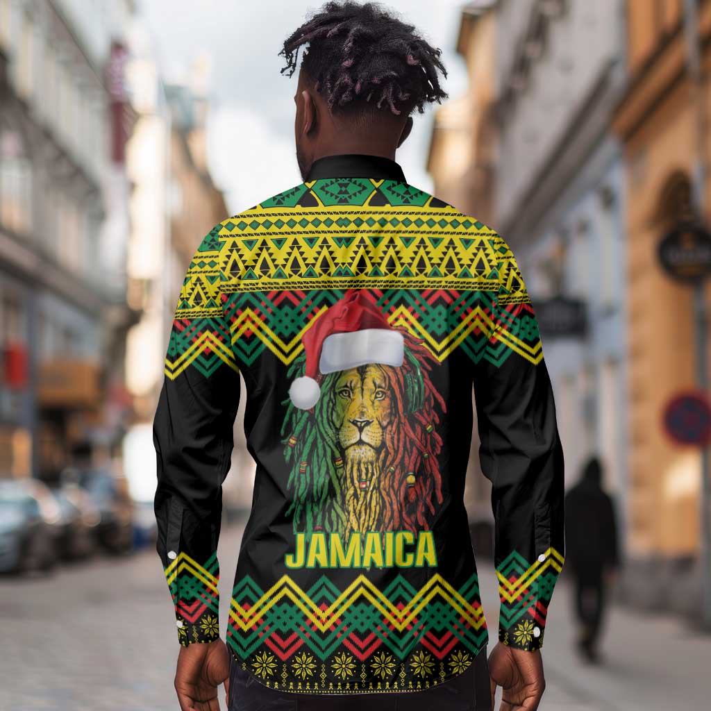 Black Jamaican Christmas Long Sleeve Button Shirt Reggae Lion With Kente Pattern